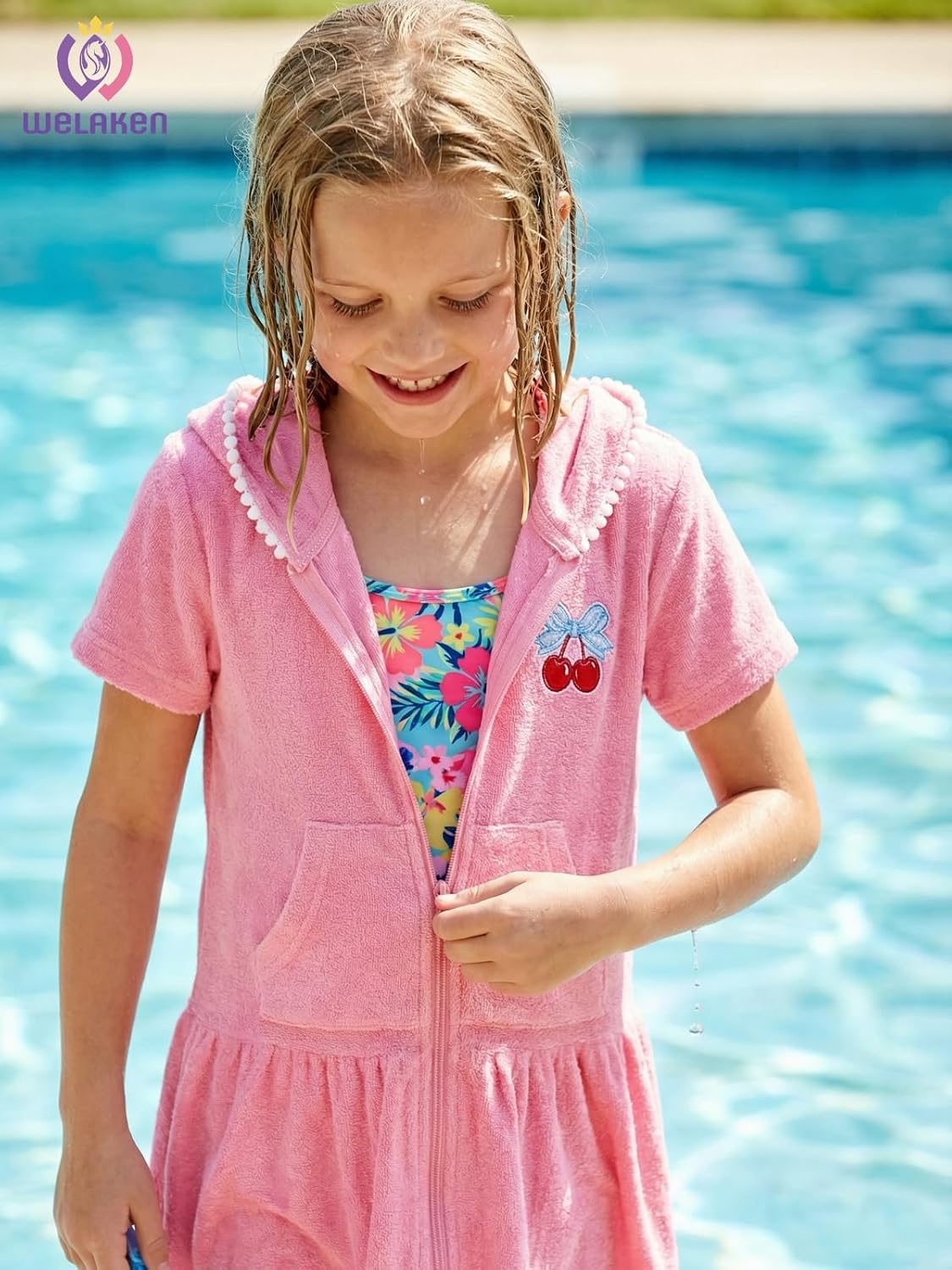 WELAKEN Girls Hooded Terry Swim Cover-Up Dress Full Zip Cute High-Low Hem Beach Dress with Pockets for Toddlers & Kids