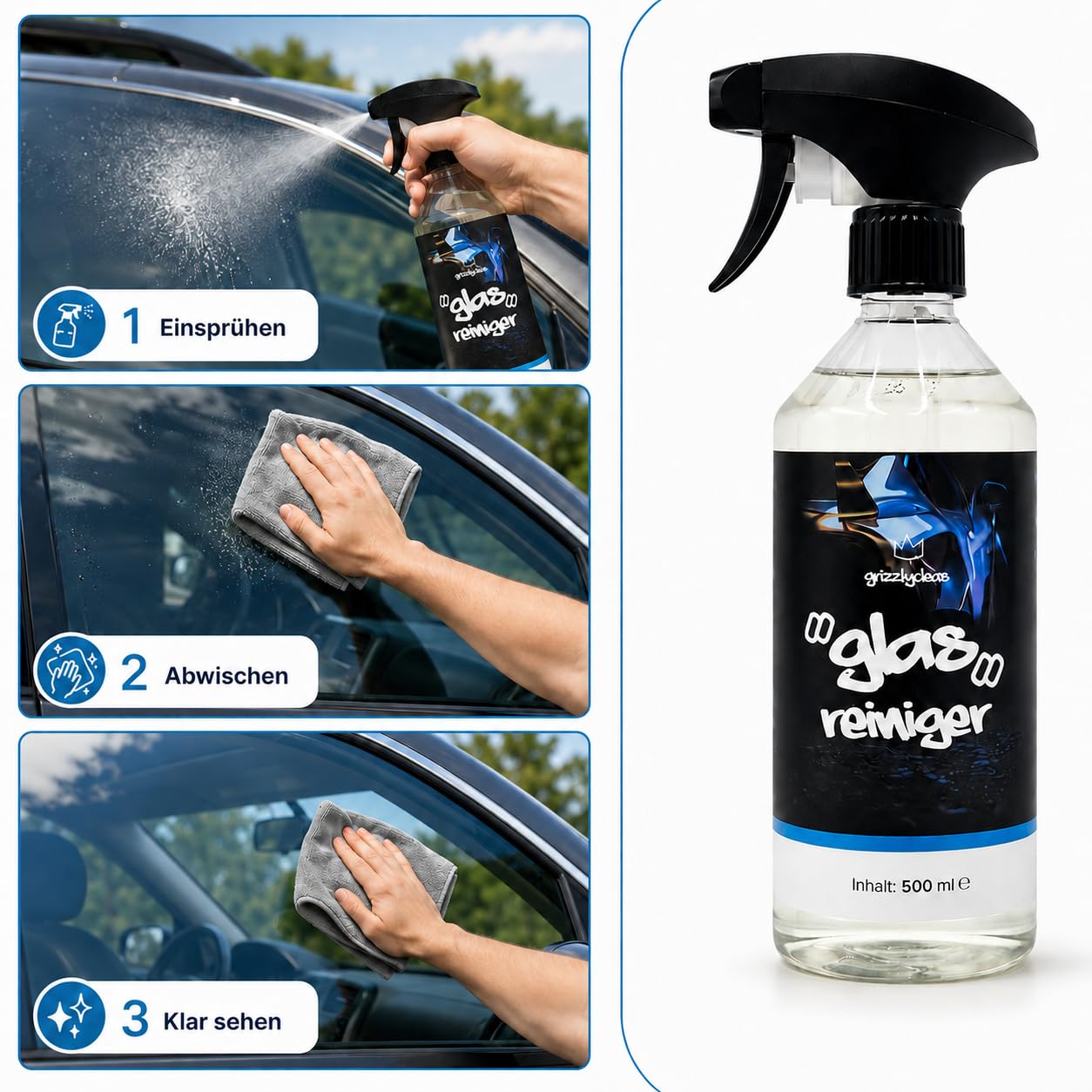 Grizzly Clean środek do czyszczenia szyb samochodowych – środek do czyszczenia szyb samochodowych zapewnia dobrą widoczność – środek do czyszczenia szyb samochodowych usuwa tłuszcz, nikotynę i resztki
