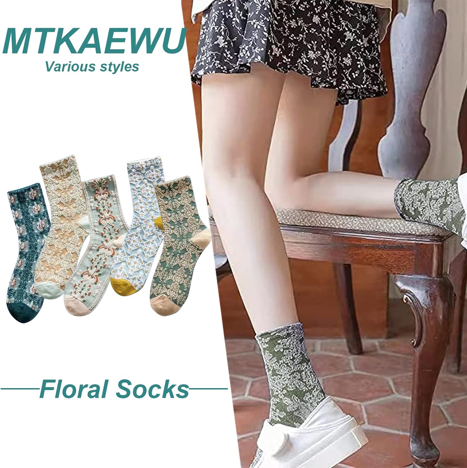 5 Pack Cute Womens Floral Socks, Vintage Embroidered Frilly Floral Ankle Cotton Cottagecore Socks - Image 7