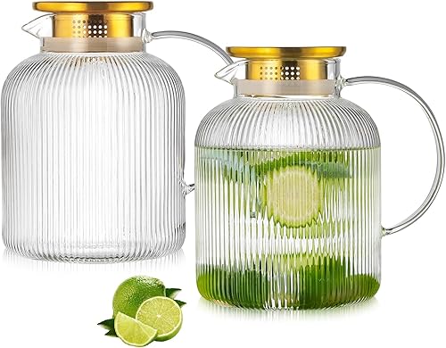 Miniatura 13 de Jarra de vidrio con tapa, jarra de agua clásica de 100 onzas / 3 litros con rayas verticales, jarra de agua de vidrio para preparación fría, café,