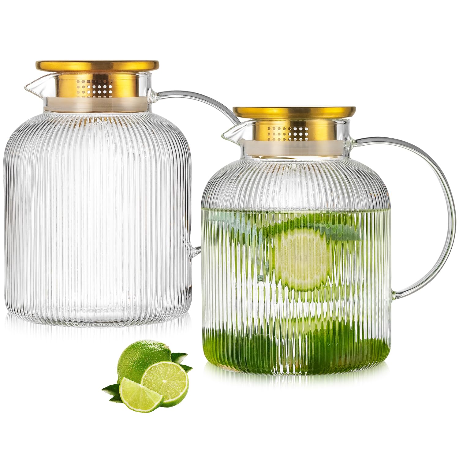 Buaic 2 Liter 68 Ounces Glass Pitcher with Lid and Spout, Large Vertical Stripes Water Pitcher ribbed Borosilicate Glass Fridge Water Carafe for Cold