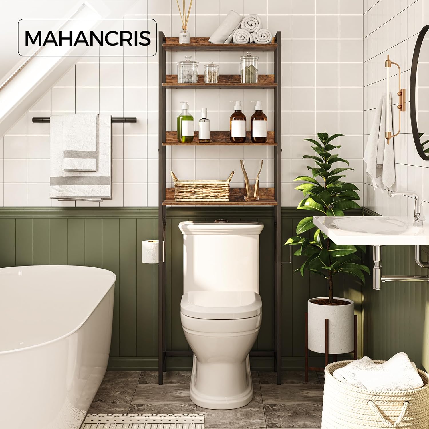 Over The Toilet Storage Rack and Wooden Medicine Cabinet Bundle, 4 Tier Bathroom Organizer Over Toilet, Wall Mounted Storage Cabinet with 2 Doors, Easy to Assemble
