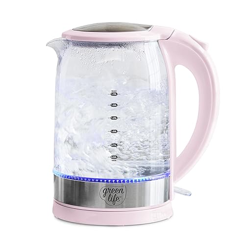 GreenLife 1.7 Liter Glass Electric Kettle, Easy One Touch Use, Quick Heating, Filtered Spout, LED Base, Auto Shut-Off, Cordless Serving, Coffee and Tea, Pink - Pink