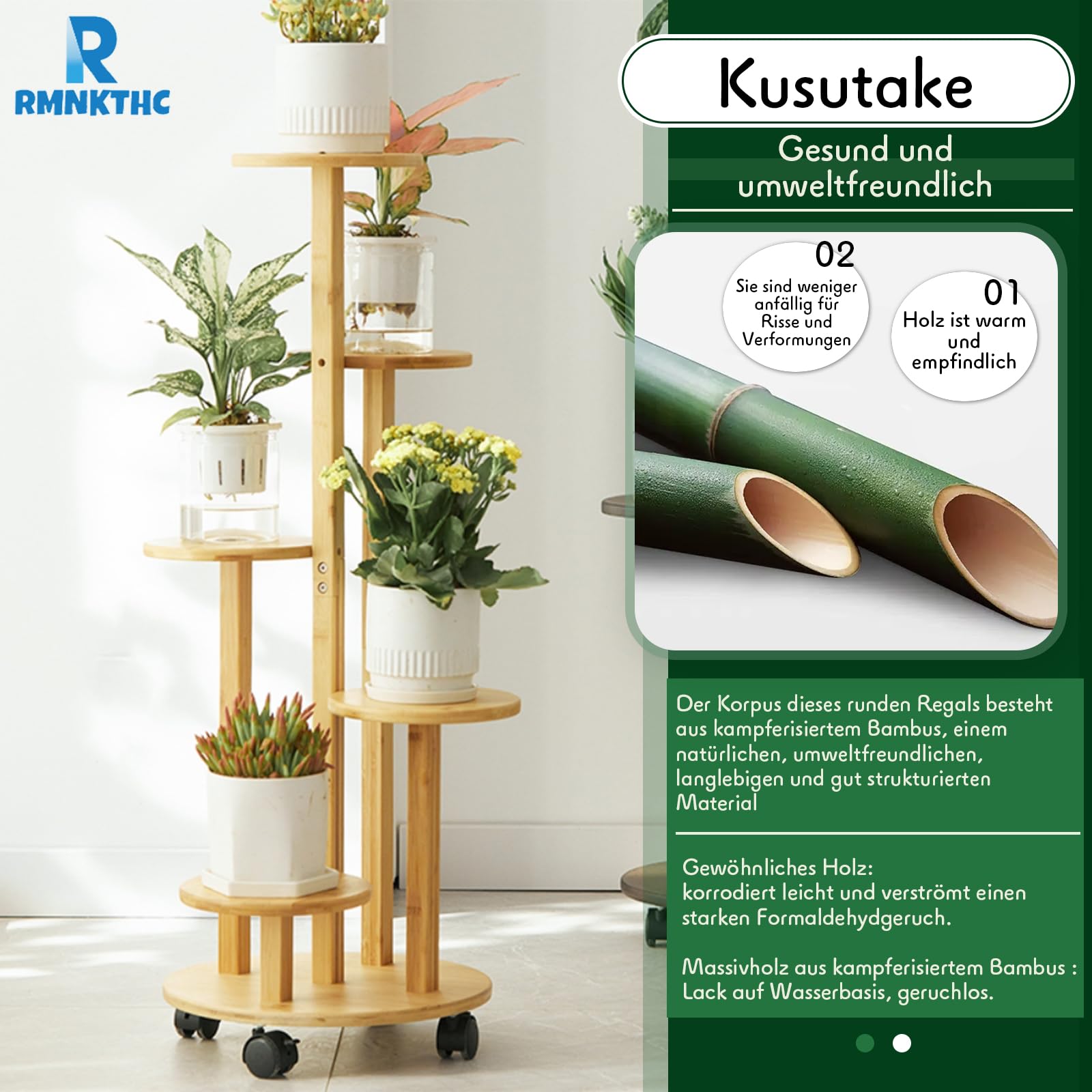 Étagère à fleurs en bambou avec roulettes | 5 niveaux de charge 20 kg | Matériau naturel imperméable | Montage facile pour salon, balcon, chambre à coucher (couleur bois)