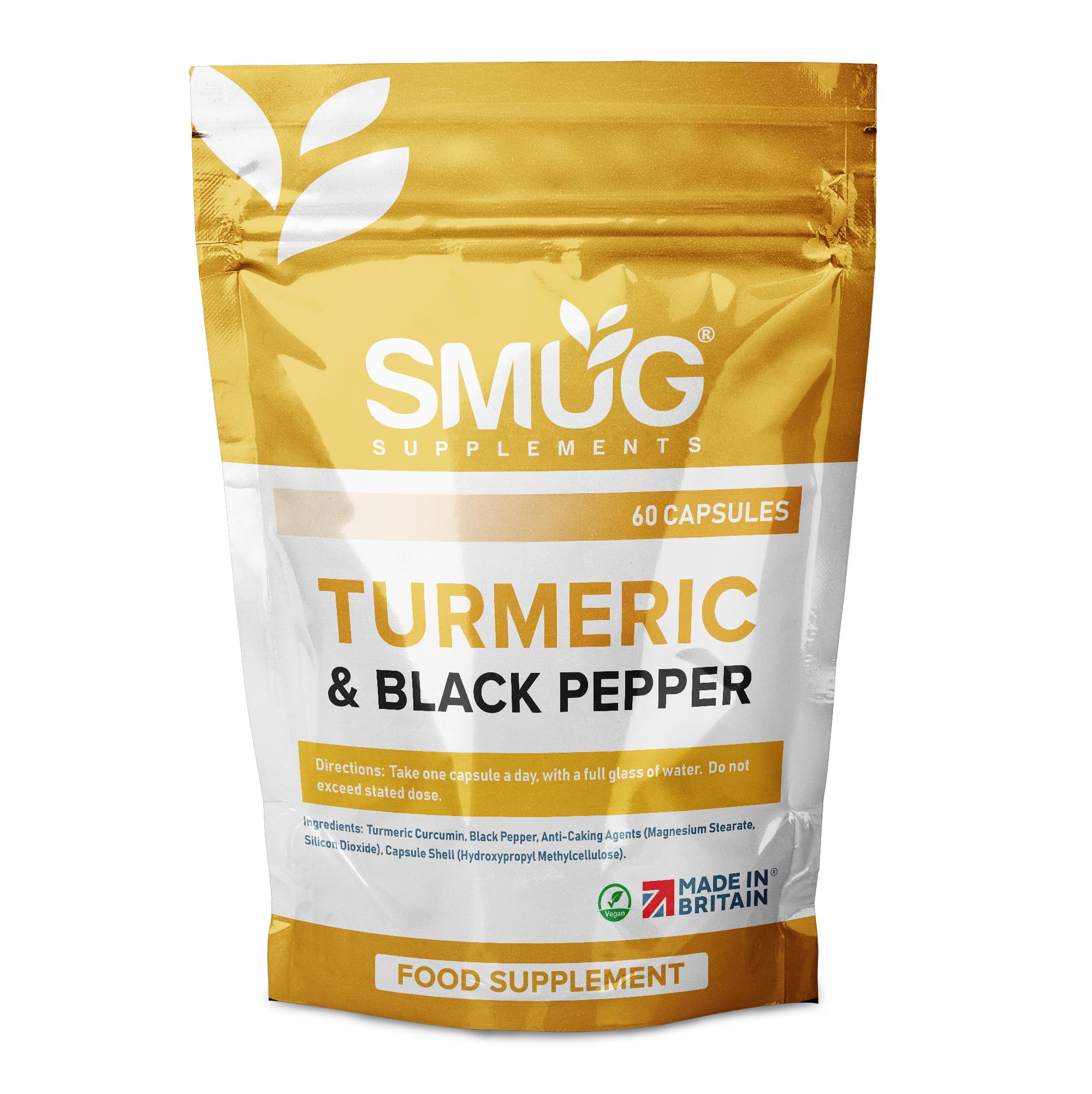 SMUG SupplementsTurmeric and Black Pepper Capsules - 60 Pills - Supports Joint Health and Flexibility - Vegan - Suitable for Men and Women - Made in Britain