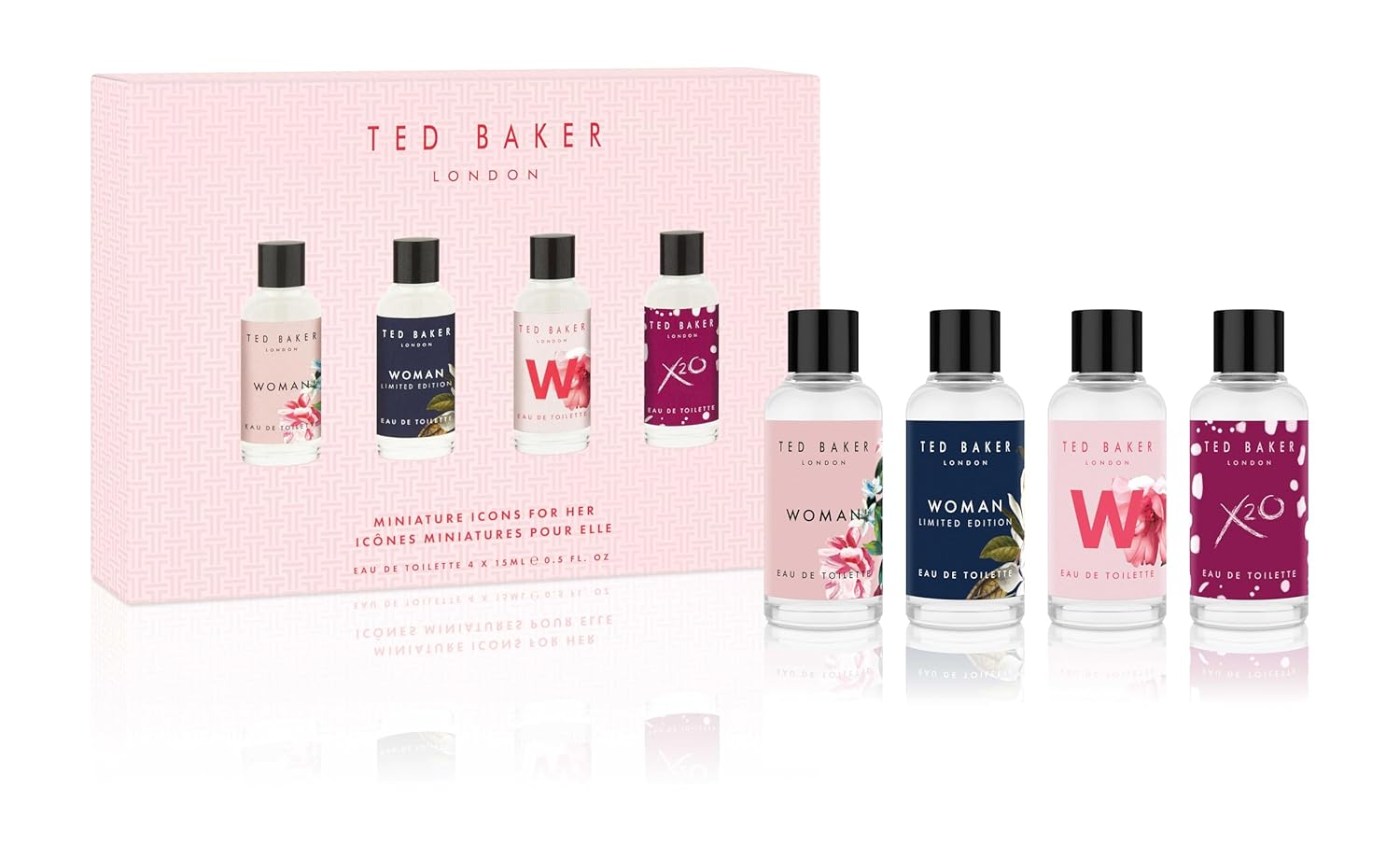 Ted Baker Mini Perfume Gift Set for Her Miniature Fragrances: Woman, Woman Limited Edition, W, X2O Travel Friendly, Floral & Fruity Eau de Toilette Collection 4 x 0.5 fl oz