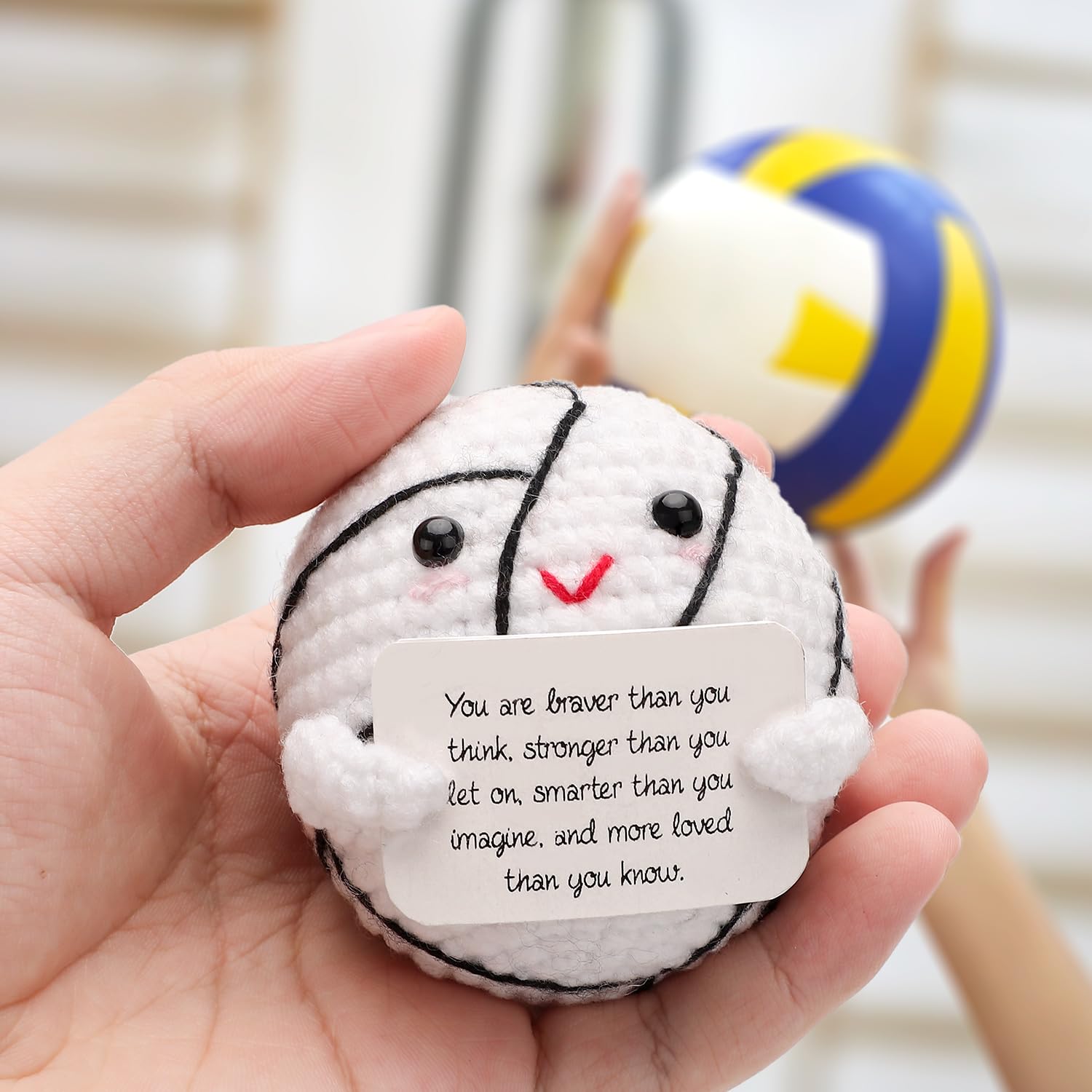 TOYMIS Positive Volleyball Doll, Cute Funny Crochet Inspirational Support Volleyball Toy, Positive Emotional Knitted Plush Doll with Positive Card for Sports Lover Friends Party Gift Decorations - Image 3