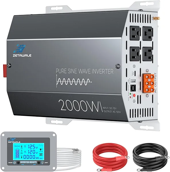 2000 Watt Pure Sine Wave Inverter 12v DC to 110v 120v AC Converter,4000W Peak Power Inverter with 4 AC Outlets,USB Port,Type-C,Remote Control LCD Display for Truck, RV, Vehicles, Solar Off-Grid