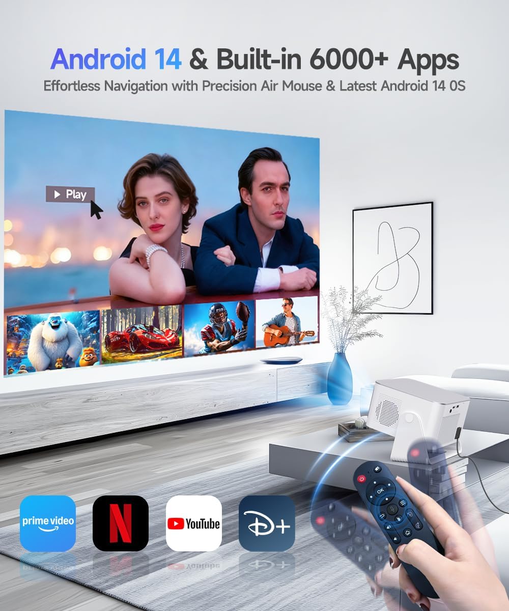 Android 14 Mini Projector with 4K 8K Support, Smart Projector with Wifi and Bluetooth, 600 ANSI, Auto Focus & Keystone, Obstacle Avoidance, 1080P Portable Movie Proyector, HY350Max...
