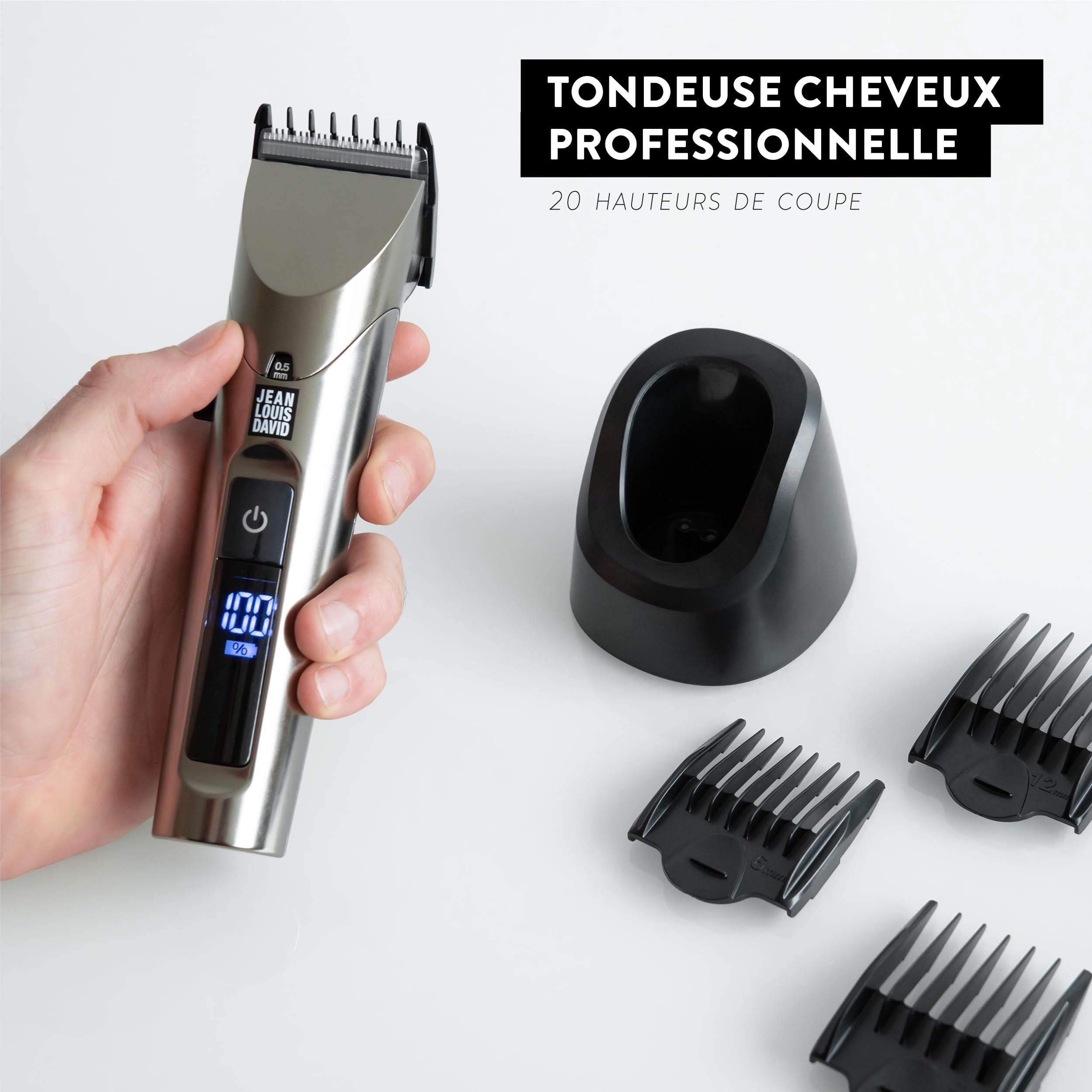Jean Louis David - Tondeuse Cheveux Pro Hair Clipper - Lames Acier Inox - Revêtement Titanium Céramique - 20 Hauteurs - 120 Min Autonomie - Sans Fil - Accessoire Coupe Homme Précise et Polyvalente