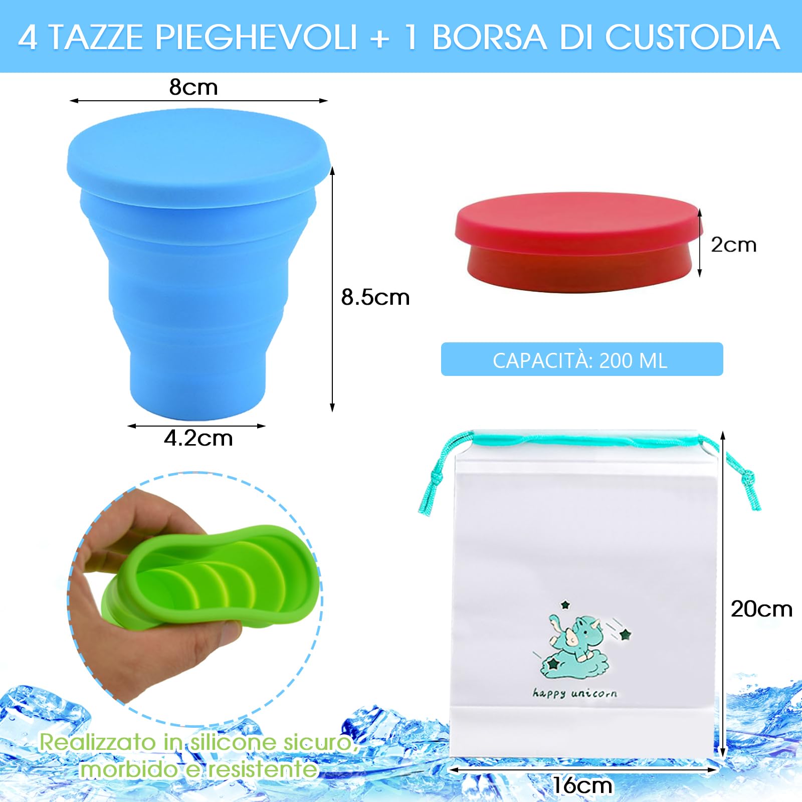 ZOCONE 4 Pezzi Bicchiere Pieghevole in Silicone, 200ML Bicchiere Pieghevole da Viaggio Tazza Pieghevola in Silicone Bicchieri Ripiegabili per Viaggio Campeggio Escursionismo e Lavoro