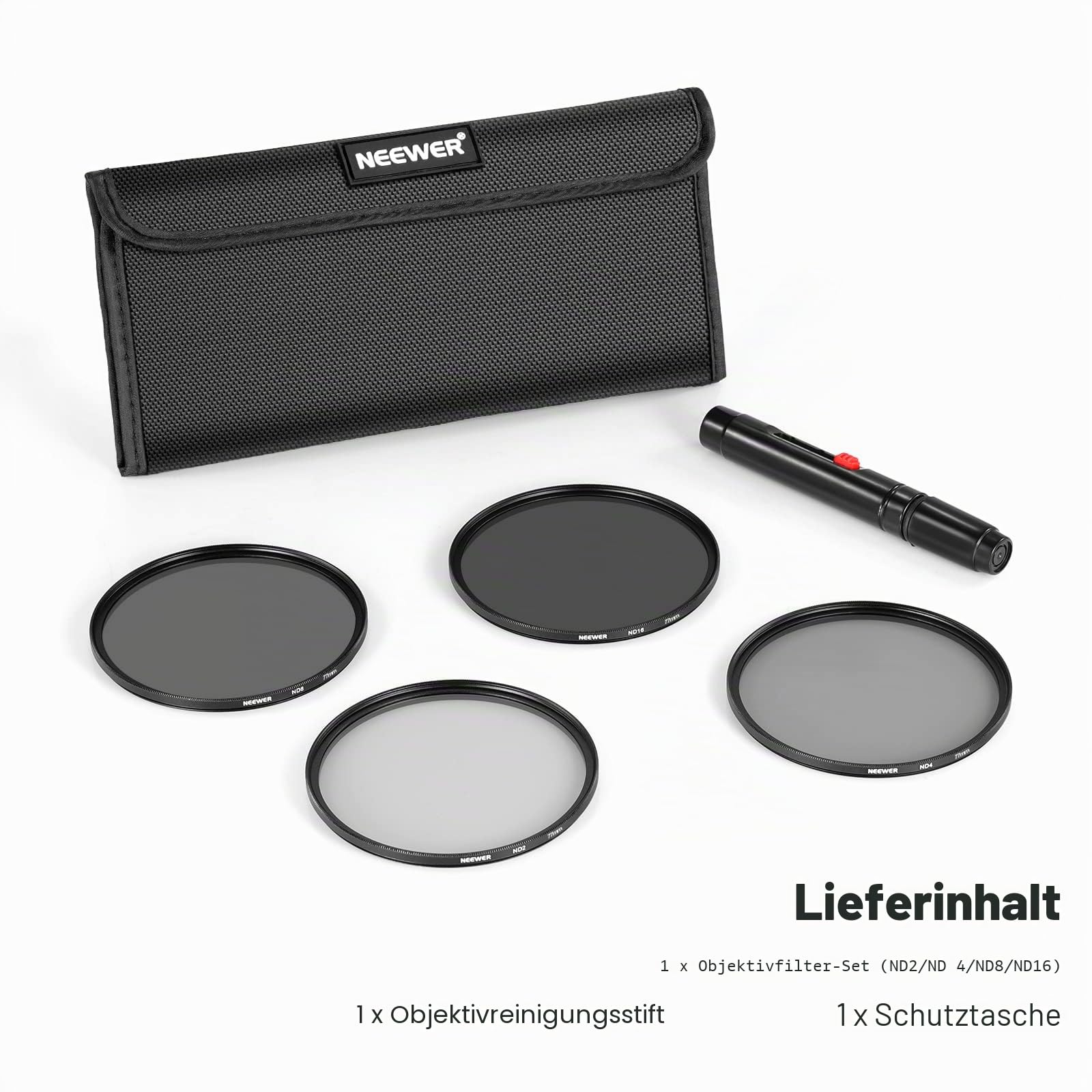 NEEWER 77mm ND Filter Set ND2 ND4 ND8 ND16, Objektivreinigungsstift, Filterbeutel, Graufilter und Zubehör Set, kompatibel mit Canon Nikon Sony Panasonic DSLR Kameras mit 77mm Objektiv