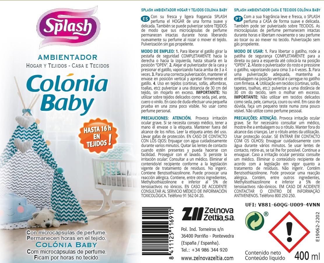 SPLASH | Ambientador para Hogar y Tejidos | Fragancia Colonia Baby | Pulverizador Spray | Microcápsulas de Perfume | 400 ml