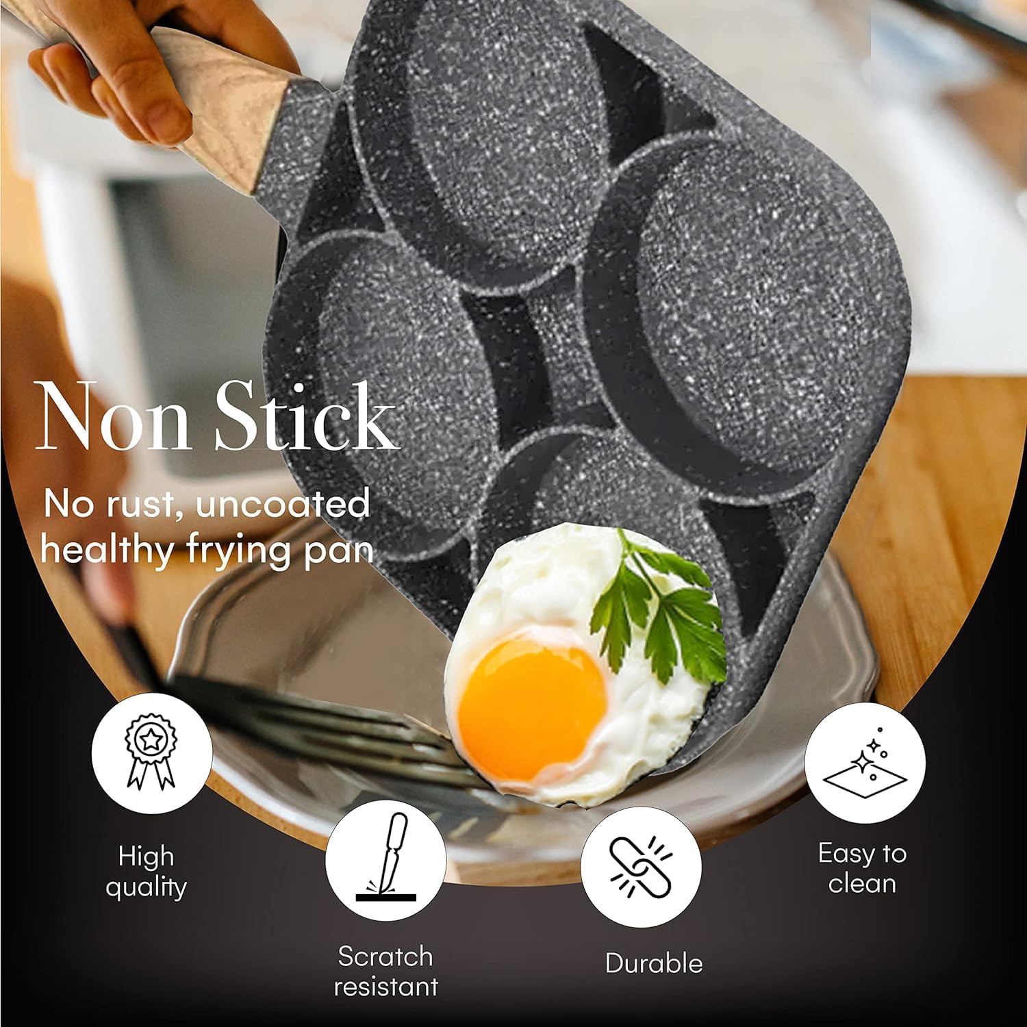 Non Stick Egg Frying Pan 4 Hole Non Stick Frying pan, Multi-Purpose Frying pan for Omelet uttapam,idli Burger Poached Egg Kitchen Breakfast with Detachable Handle(Black) (Model : MBH) — Amazon image 2