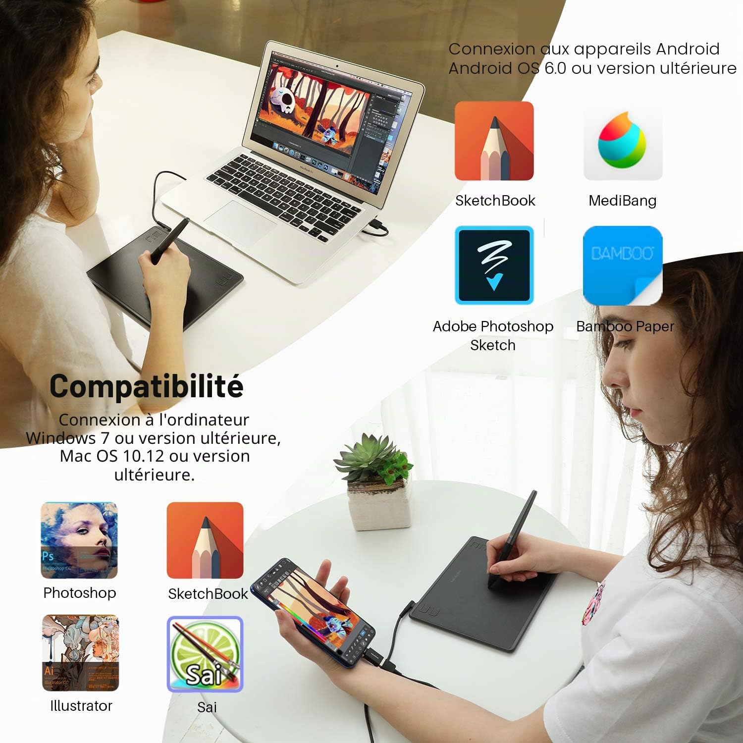 HUION HS64 Tablette Graphique Numériques, Support Android, OSU, Tablette de Dessin de 6,3x4 Pouces avec 4 clés Express, Stylet sans Batterie 8192, Idéal pour Débutant et Joue OSU