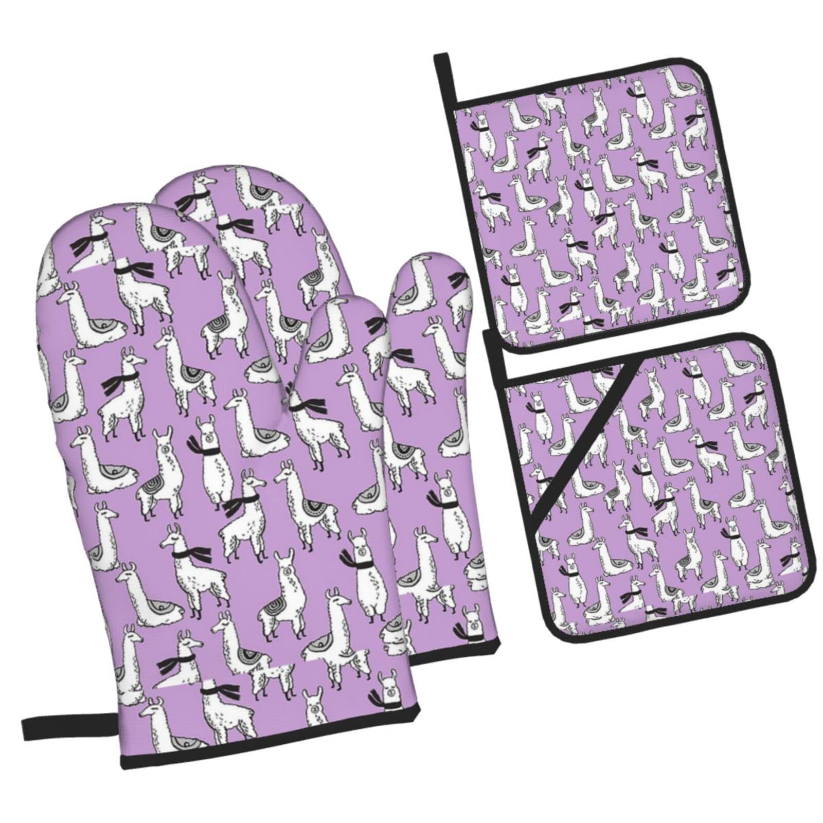 Llama Purple Oven Mitts and Pot Holders Sets, Christmas Oven Mitt Kitchen Heat Resistant Non-Slip Pot Holders Set for Cooking Baking BBQ