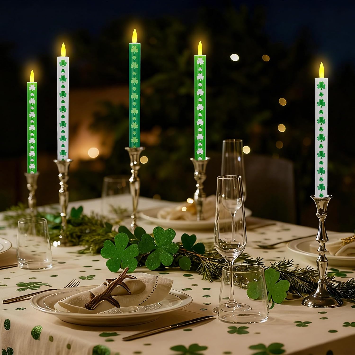 Whaline 6Pcs St. Patrick' s Day Flameless Tape Candles Green Shamrock Clover Battery Operated LED Candlesticks with Remote for Irish Holiday Birthday Table Decor
