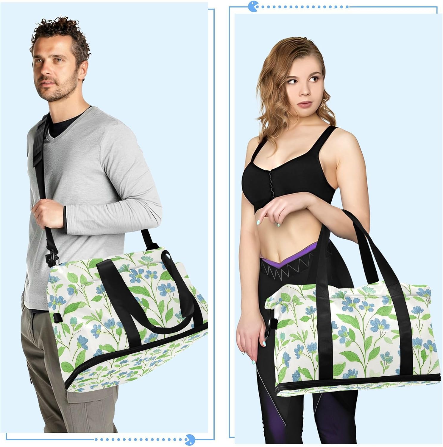 Small Flower Vines Blue and Green Tote Bag Gym Sports Carry with Toiletry Bag for Hiking 2 Pcs Set