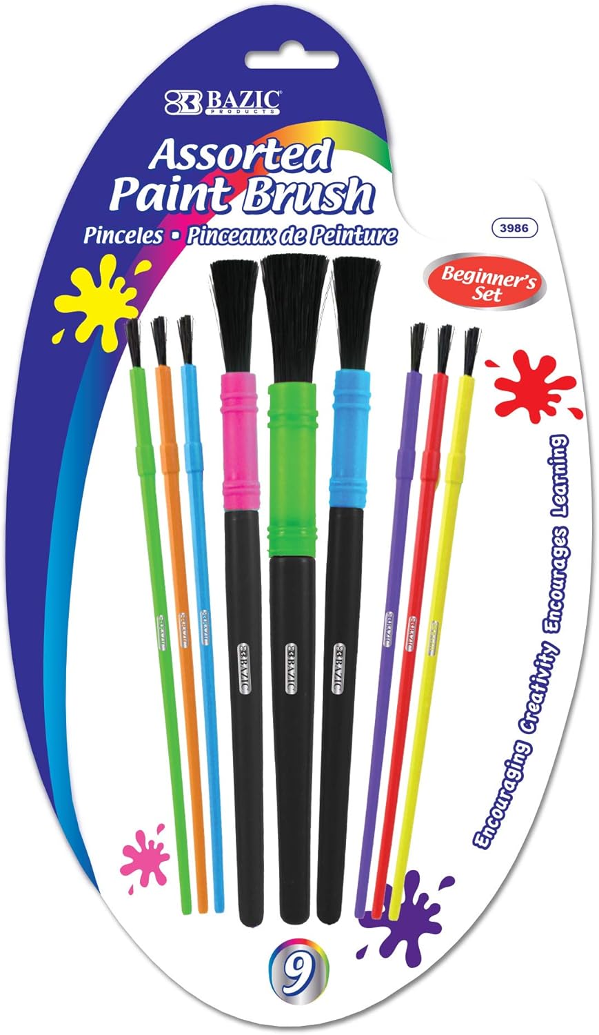 BAZIC Products Paint Brushes Set Round Nylon Bristle Brush, Assorted Size Kids Paintbrushes for Acrylic Oil Watercolor Gouache Art Painting (9/Pack), 24-Packs