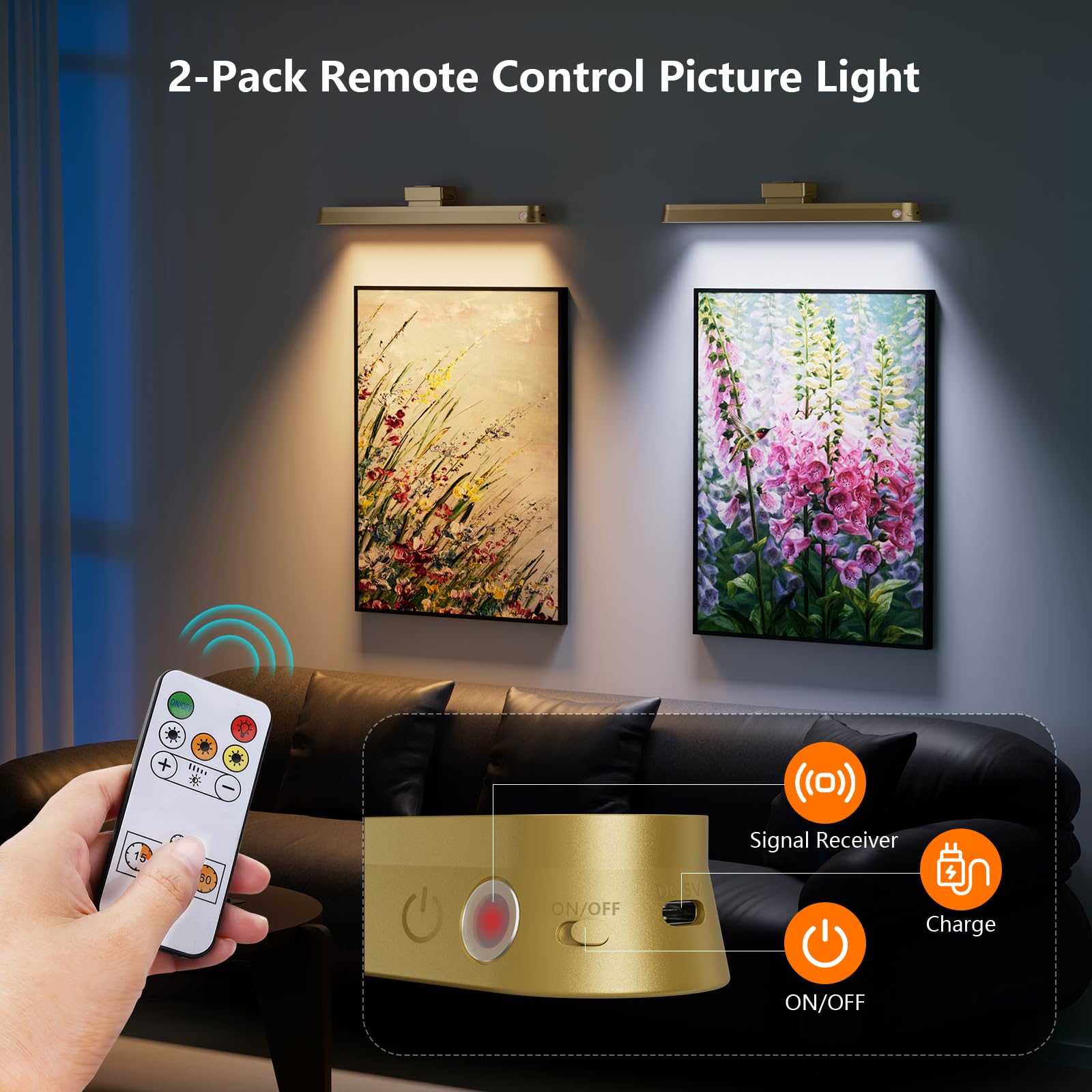 Picture Lights for Wall Battery Operated, 2-Pack 16in Magnetic Rechargeable Picture Light with Remote, Dimmable, Timer Painting Light,Art Display Light for Picture Frame Artworking Portrait, Gold