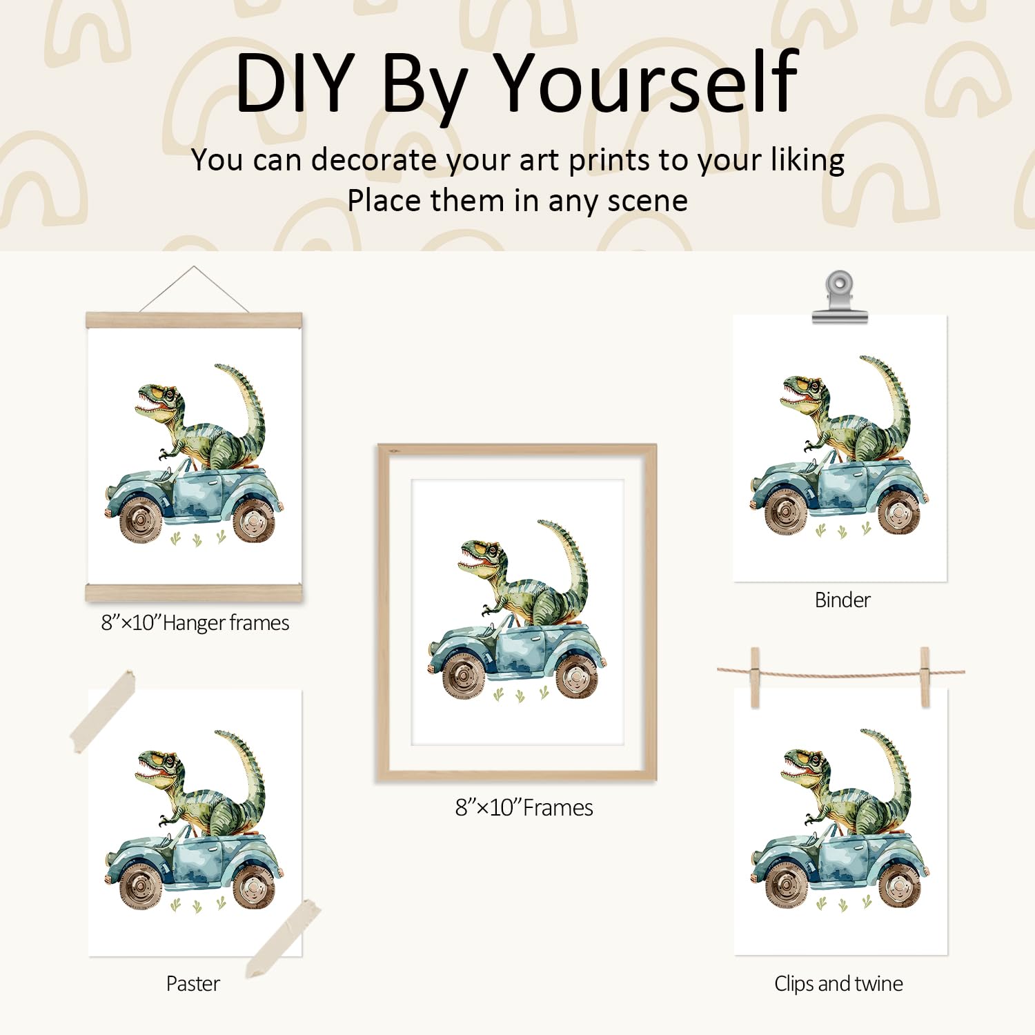 VONTP Decoración de pared de dinosaurio, camión de construcción de dinosaurio verde, obra de arte para habitación de niños, cuarto de bebé, sala de juegos, 8 x 10 pulgadas, juego de 4 (sin marco)