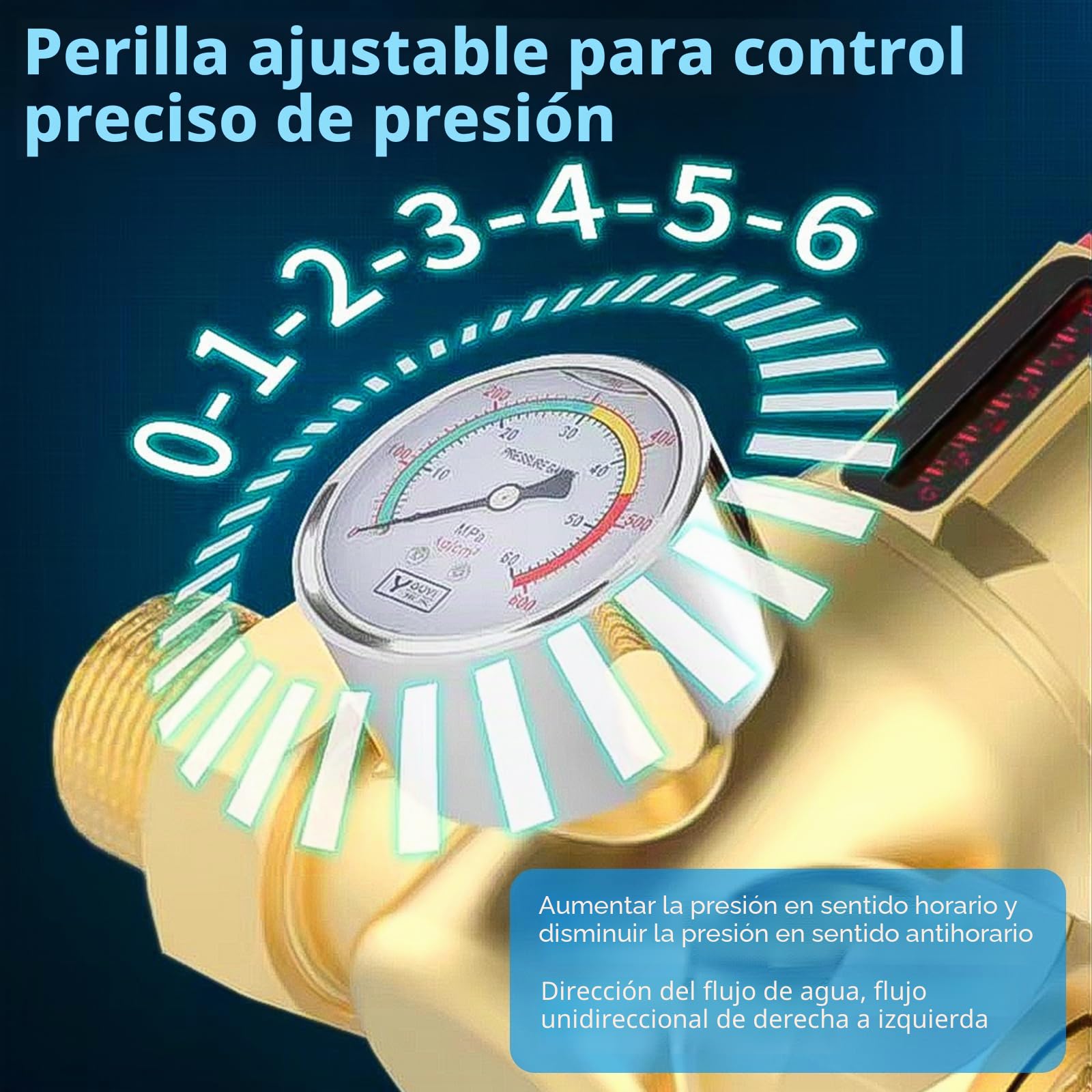 Regulador de Presion Agua, 3/4 Pulgadas Reductor de Presion de Agua, Manometro Presion Agua, Válvula de Alivio de Presión de Agua de Latón para Regular La Presión del Agua
