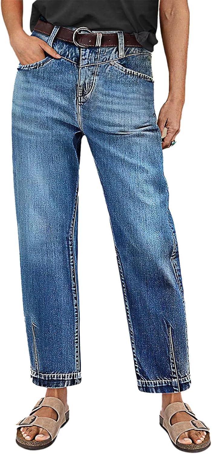 Flamingals Women's Straight Wide Leg Jeans Mid Waist Stitch Detail High Stretch Denim Pants