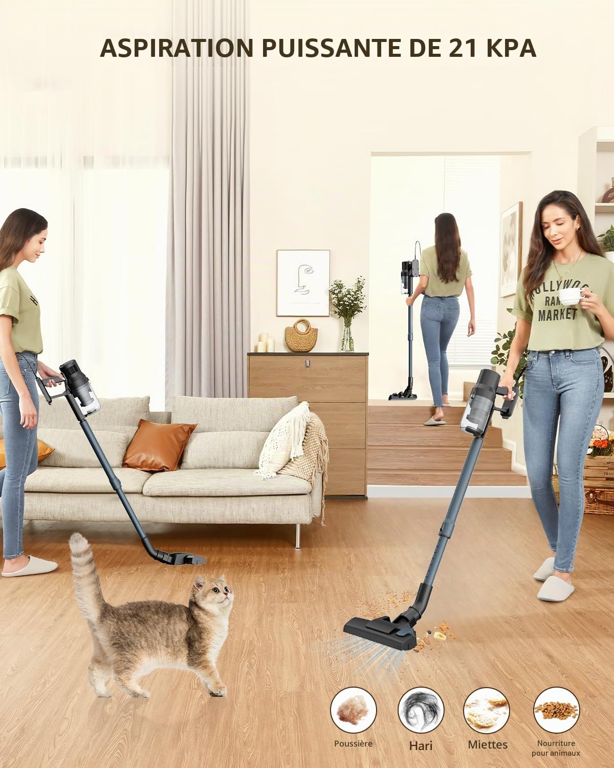 Aspirateur Balai avec Fil 600W/21Kpa, 6 en 1 Aspirateur Balai Filaire, Cable de 5 m, Filtre HEPA, 1.2 L Capacité, Léger Portable pour Durs, Sols, Poils d'animau