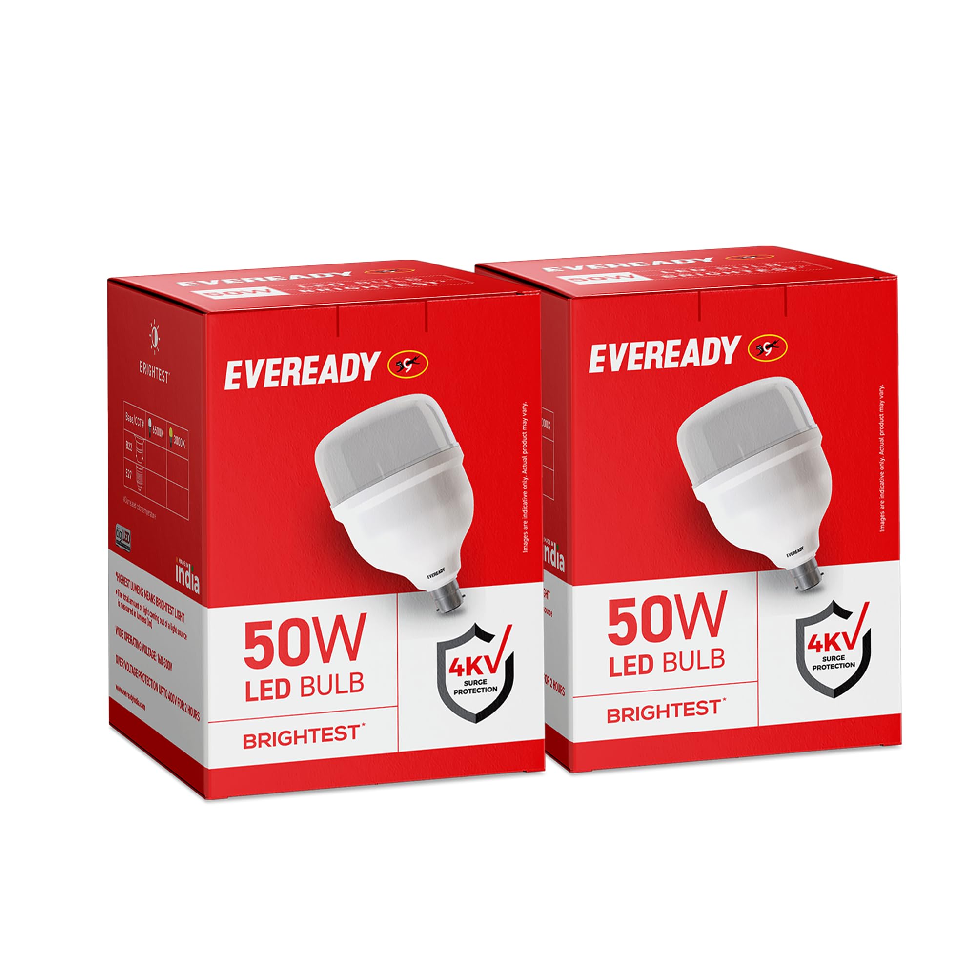 eveready 50 watts led hammer bulb | high cri & high efficiency | energy efficient | mercury-free | 4kv surge protection | 100 lumens per watt |warm white (3000k) b22|pack of 2