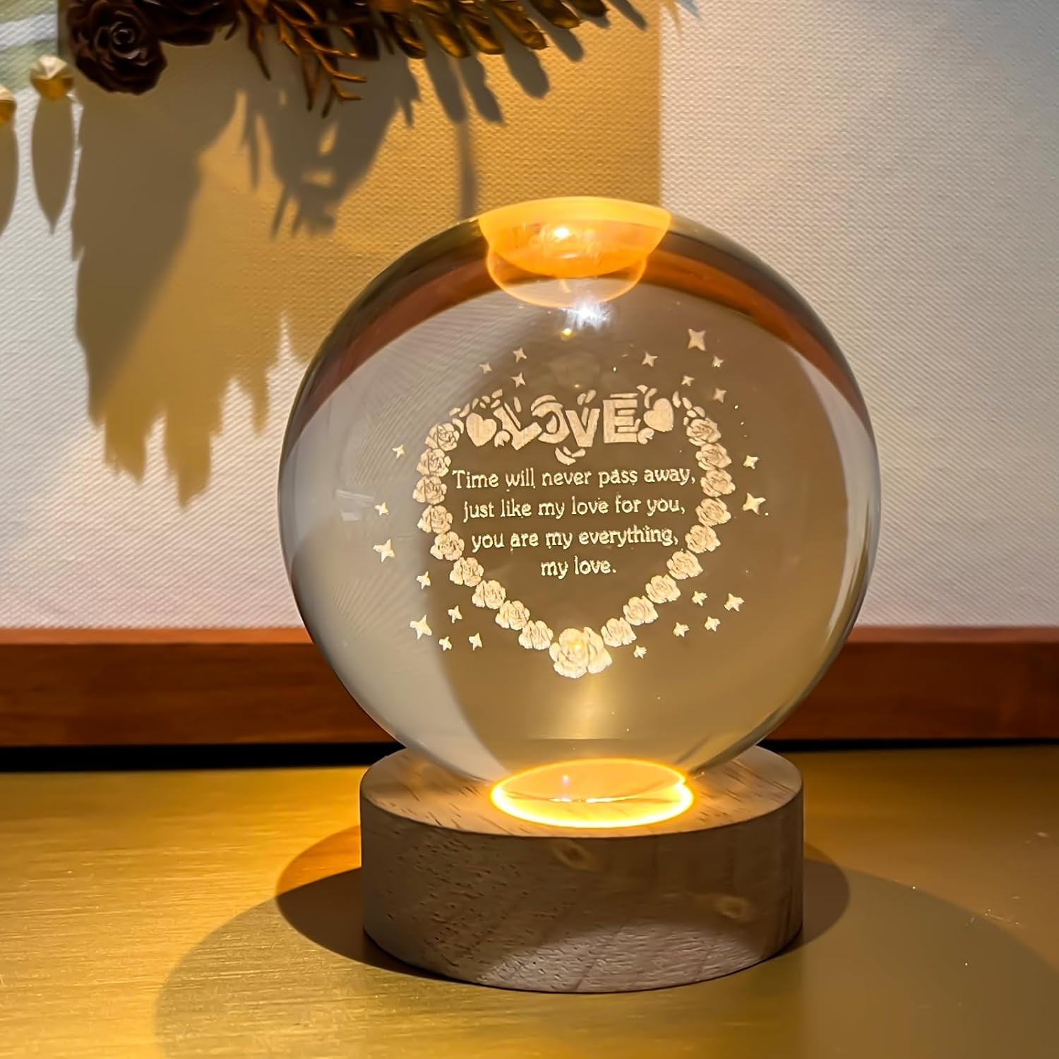 Orekih 3D Crystal Ball,Night Light,Love Slogans Crystal Lamp,Figurine Lights,Moon Ball 3.15 Inch,with Wood Base,Idea Gift,for Bedroom, Birthdays, Valentine&amp;#39;s Day
