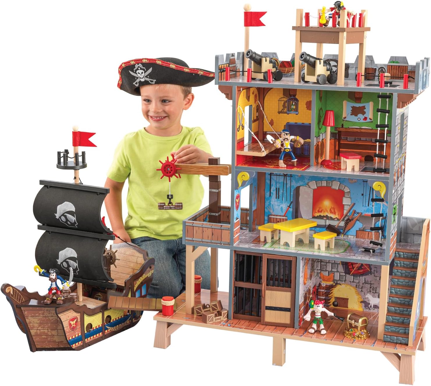 KidKraft Pirate's Cove Wooden Ship Play Set with Lights and Sounds, Pirates and 17-Piece Accessories, Gift for Ages 3+