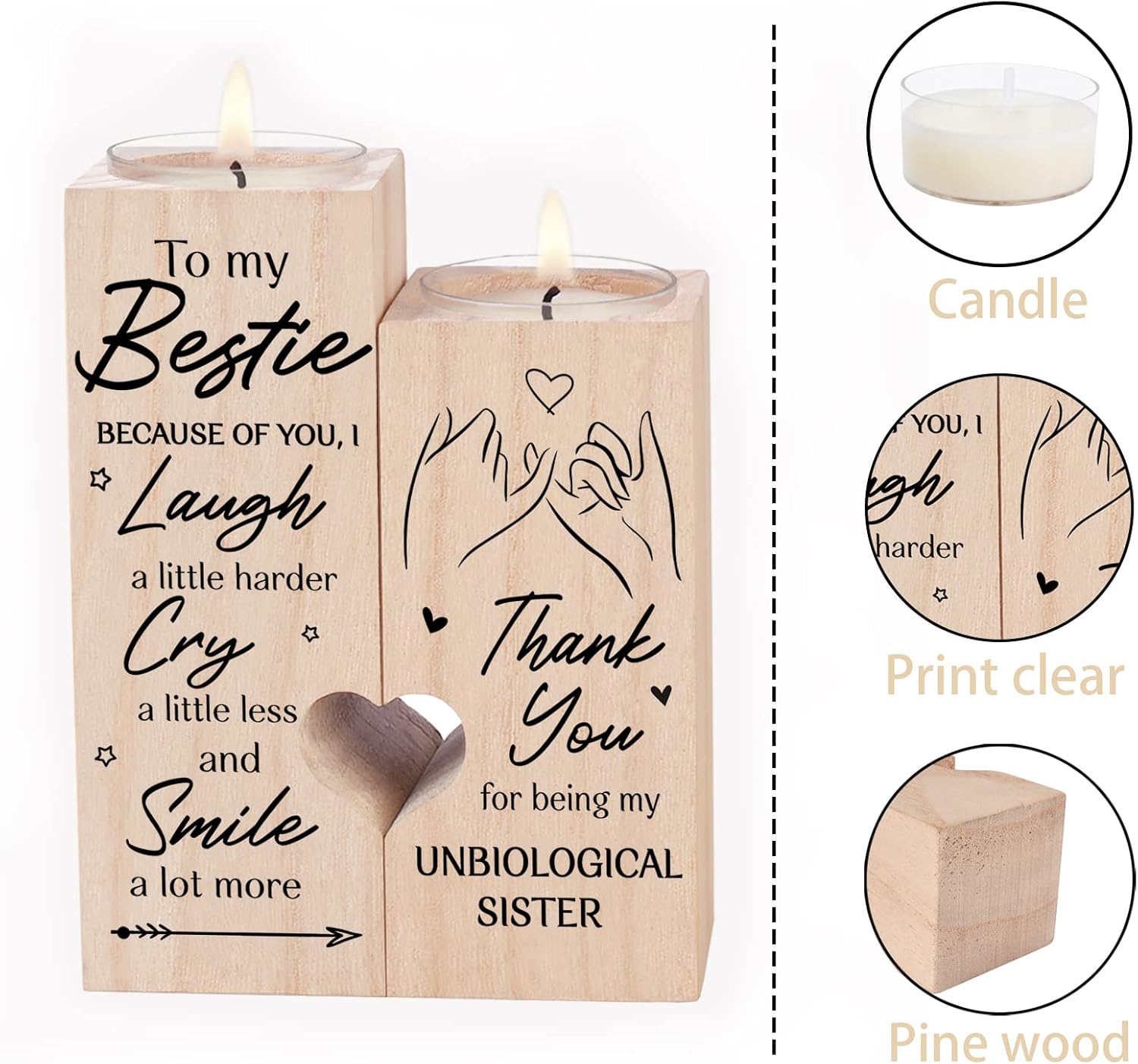 to My Bestie Thank You for Being My Unbiological Sister Women Personalised Wooden Candle Holder Bestie Friend Candle Friendship Birthday Gift - Image 6