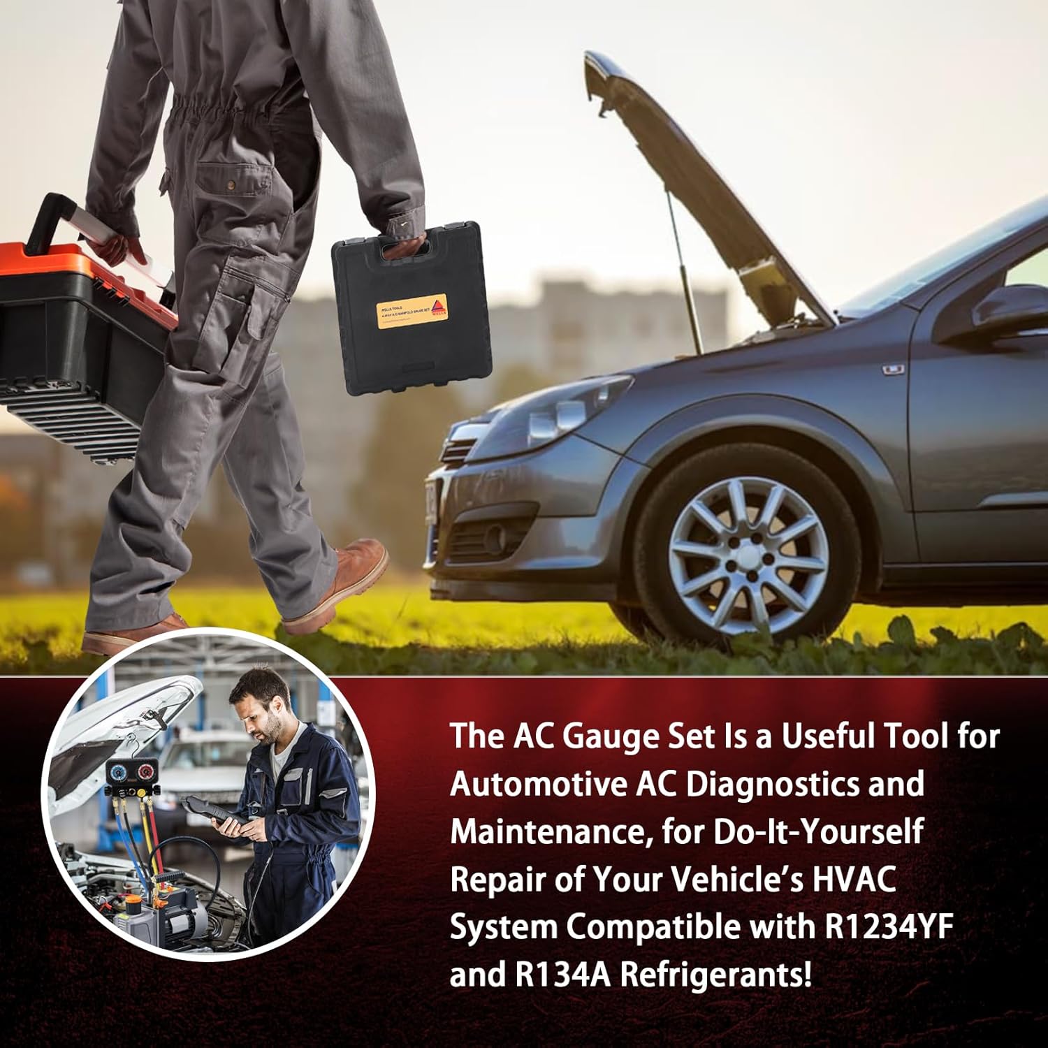 Wells AC R1234YF Gauge Set 4 Way AC Manifold Gauge Set R1234YF R134A R404A Only 1/2 Acme Refrigerant HVAC Tools with 5ft Hoses, Couplers Puncture, Can Tap, Works on Car Freon Charging and Evacuation