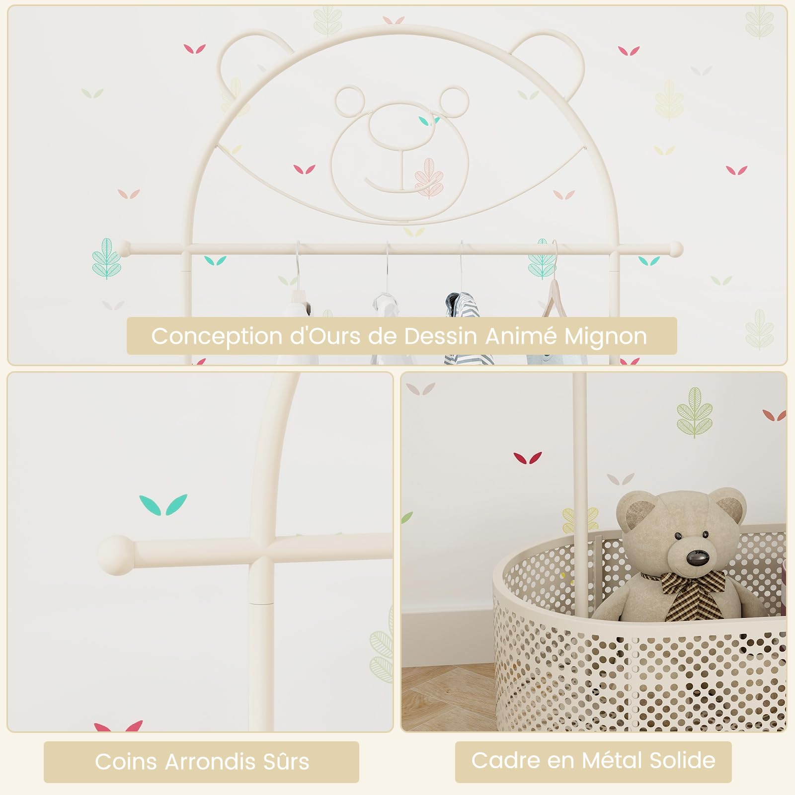 COSTWAY Portant à Vêtements Enfant en Forme d'ours avec 3 Hauteurs Réglables, Garde-Robe Enfant en Métal avec Panier Inférieur, Porte-vêtements sur roulettes pour Chambre d'enfant, Charge 50kg