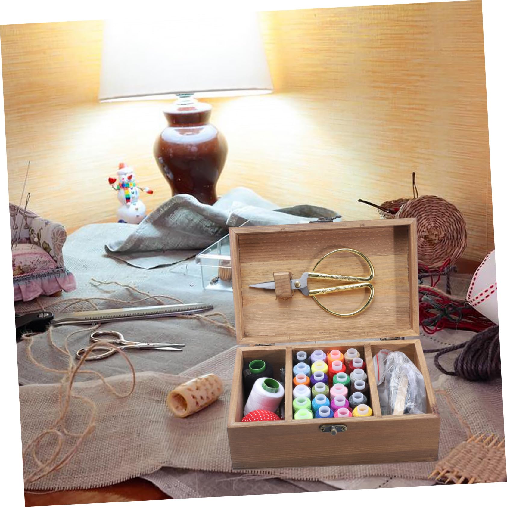 Cabilock Caja de Costura de Madera Retro para Hogar Completo con Agujas Hilos y Accesorios Organizador Seguro y Duradero para Bricolaje y Reparaciones Manuales