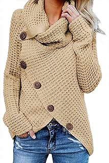 Asvivid Women's Chunky Button Turtle Cowl Neck Asymmetric Hem Wrap Pullover Sweater