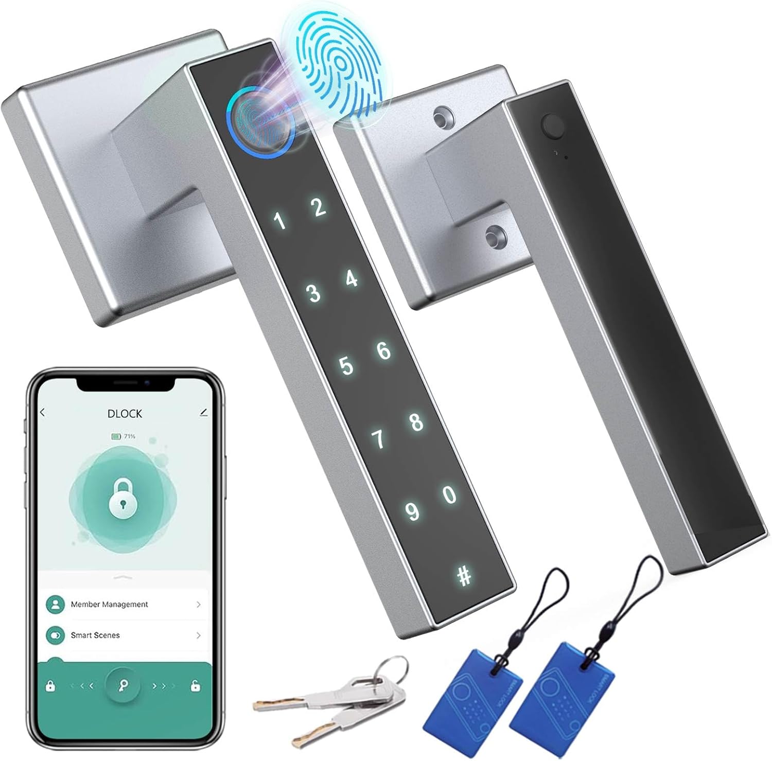 Fingerprint Door Lock, keyless Entry Door Lock with Handle, Smart Bluetooth Fingerprint Door Knob for Home Bedroom Hotel Office Apartment, Tuya Smart APP/IC Cards/Password/Backup Keys