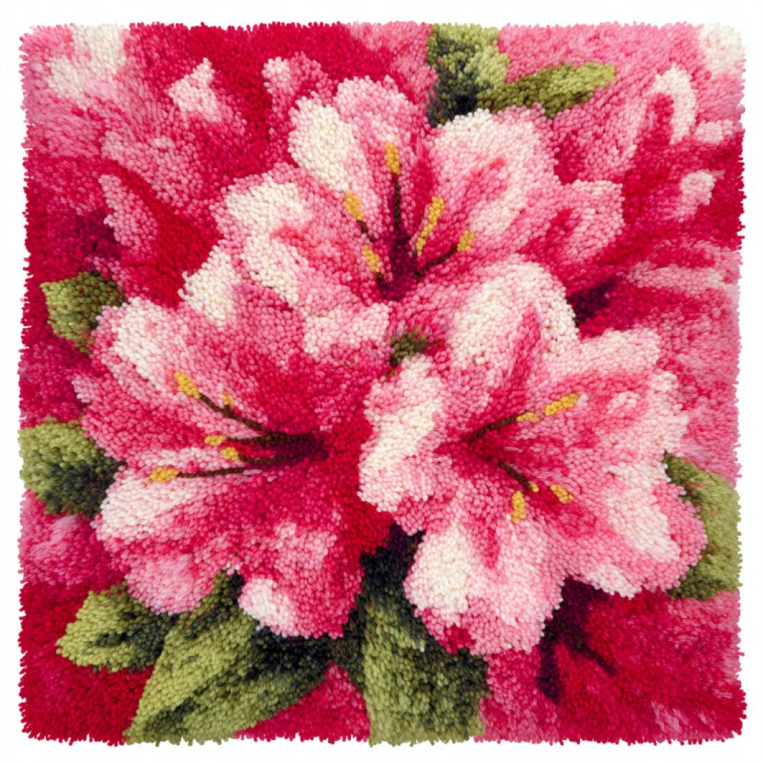 Kitquiver Latch Hook Cushion Set Pink Flowers DIY Latch Hook Kits Pillow Needlepoint Cushion Kit for Home Décor Needlework Set for Adult Beginners 17x17In