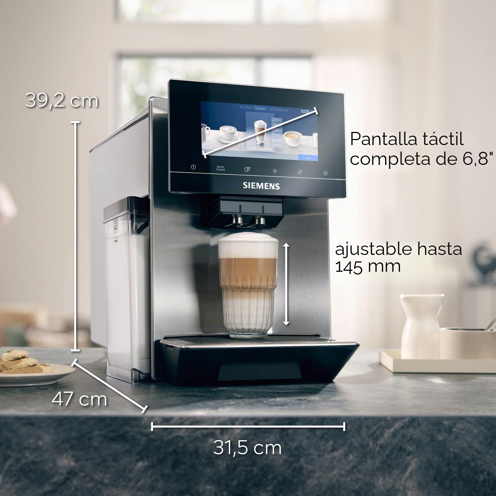 Siemens Cafetera automática EQ900 Plus TQ903DZ3, 36 especialidades de café internacionales, grado de molienda individual, control de aplicación, gran pantalla táctil completa, acero inoxidable