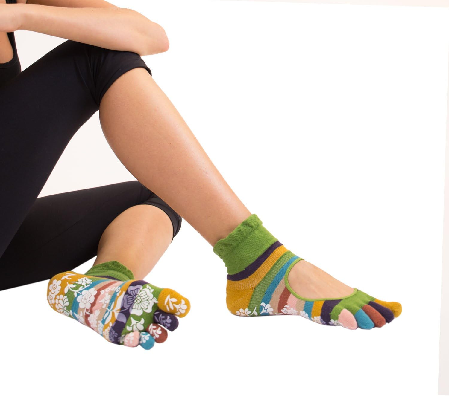 TOETOE - Yoga&Pilates Anti-Slip Serene Mini Crew Cotton Toe Socks (Green, M 3.5-6 | F 5-7.5)