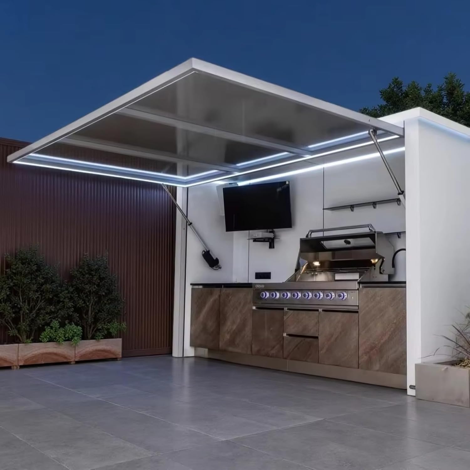 Outdoor Kitchen Pod Luxurious Patio Cooking Island Mobile Outdoor Kitchen Equipped with BBQ Grills, Ovens, Stove, Refrigerator