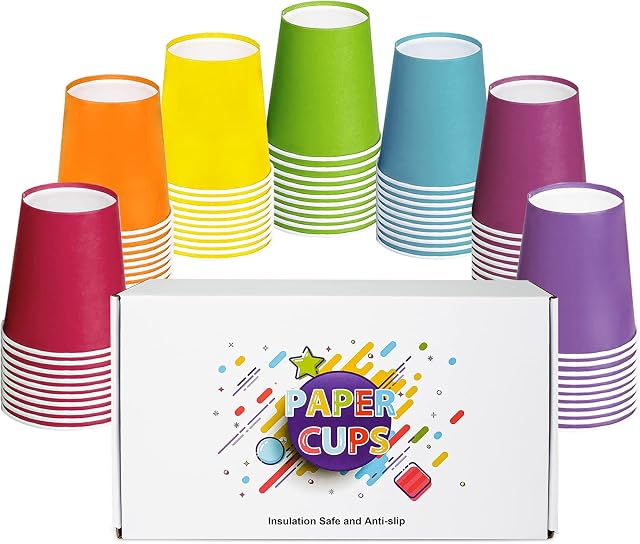 ENSINE 70PCS Paper Cups, Rainbow Party Cups 7 Colors, 9 Ounce Paper Cups for Hot & Cold Drinks, Eco Friendly Drinking Cups, DIY Paper Party Cups for Christmas Birthday Holiday Halloween