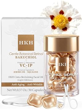 HKH Bakuchiol Plant Retinol Capsule Serum with Vitamin C & Advanced Peptides, Anti-Aging Firming Face Serum, Smooth Fine Lines, Gentle Skin Repair, Travel Friendly 30 CapsulesLight