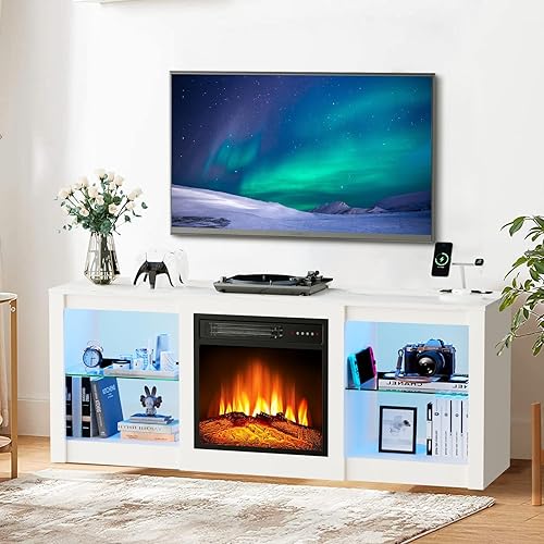 Miniatura 5 de Soporte de TV de 58 pulgadas con chimenea de 18 pulgadas, centro de entretenimiento con luz LED para TV de 65 pulgadas, gabinete de TV blanco con