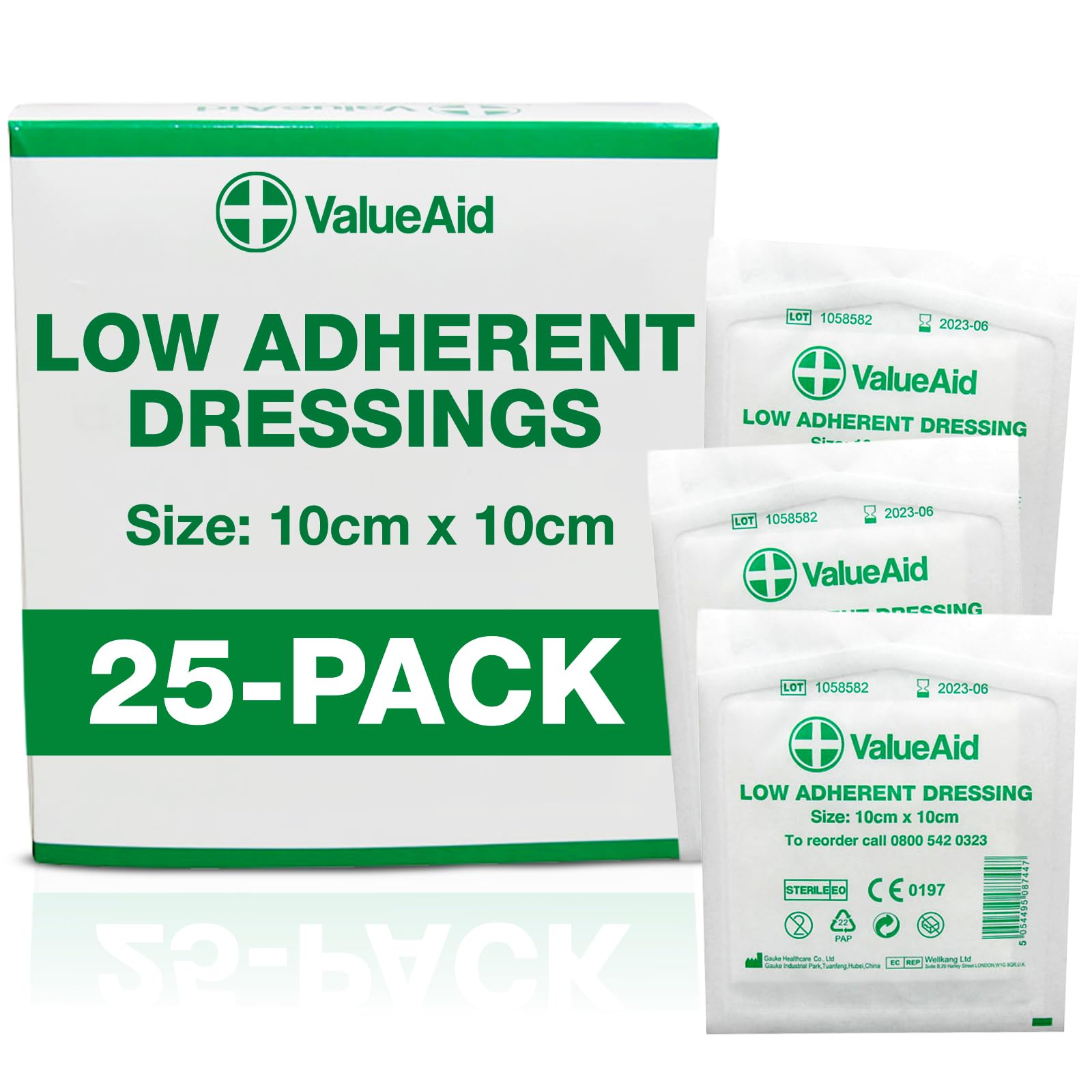 Value Aid Low Adherent Dressing Pads - 10cm x 10cm Hypoallergenic Sterile Wound Care, Non-Stick Surface for Gentle Removal - Individually Wrapped Medical Dressings for Cuts & Grazes (25 Pack)
