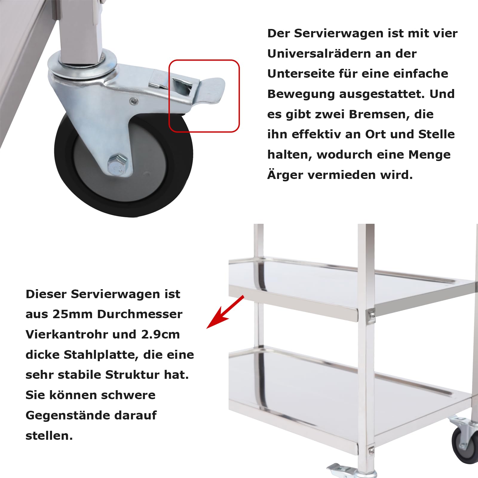 Carrello da portata in acciaio inox con ruote, quattro ruote universali, in metallo, per ristoranti, biblioteche, cucine, 3 vassoi, portata 60 kg, 75 x 40 x 83,5 cm (75 x 40 x 83,5 cm)