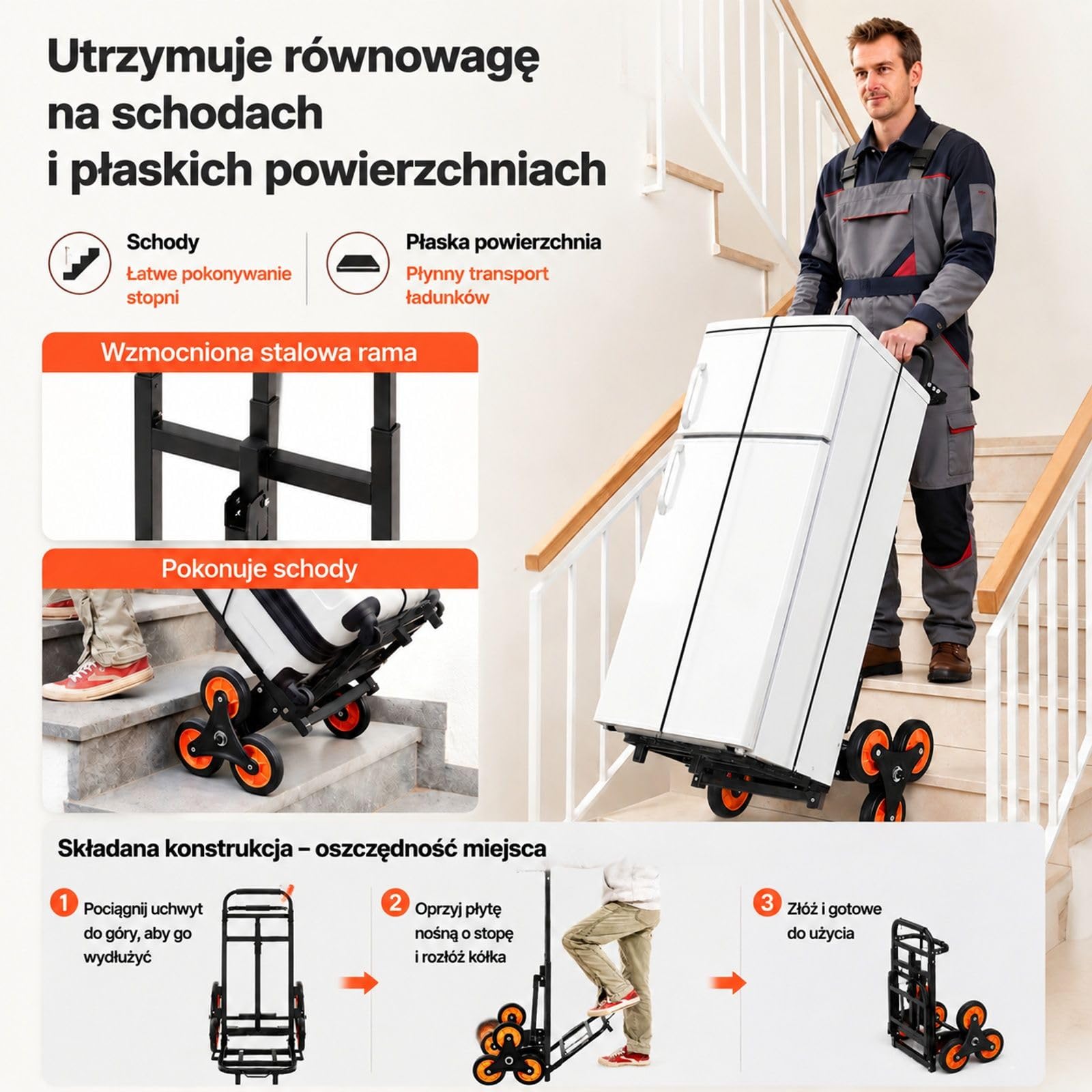 Składany wózek schodowy z teleskopową rączką, rama ze stali węglowej, 6 kółek, 2 pasy napinające, udźwig 100 kg, do domu, na zakupy i do przechowywania