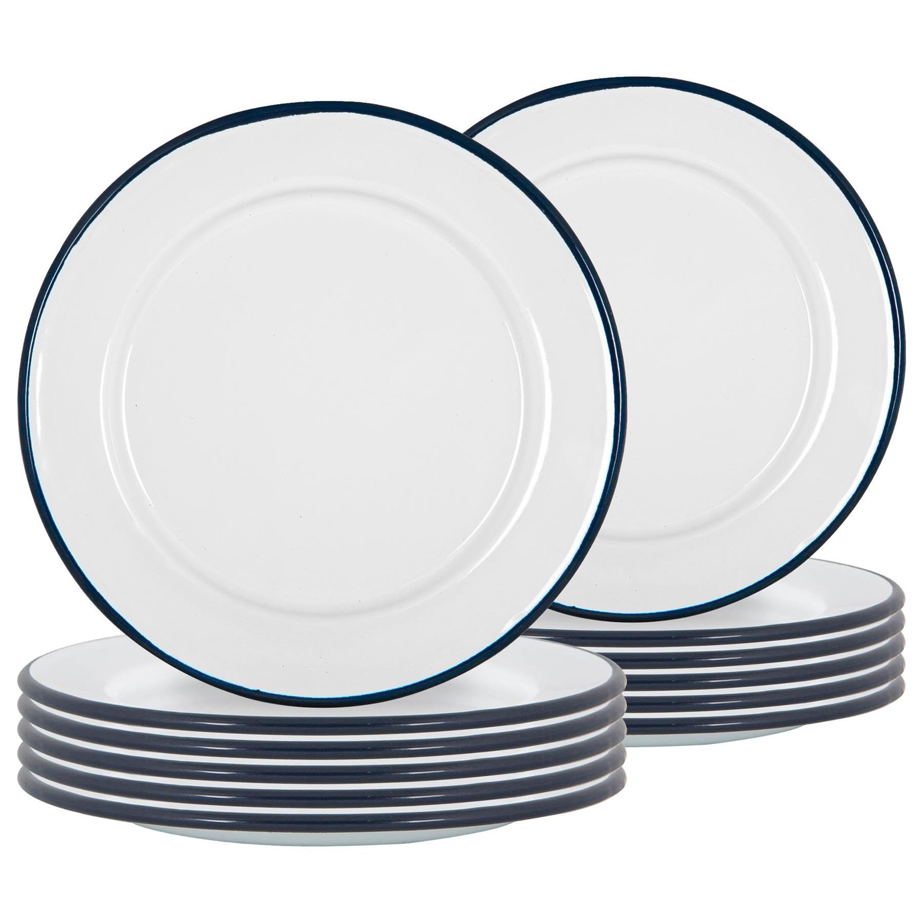 Argon Tableware Enamel Side Plates - 20cm (8inch) - Navy - Set of 12 Small Dish Coloured Rim Dessert Plates Metal Enamel Tableware Dinner Set for Kitchen, Dining, Serving, Camping & Outdoor Use