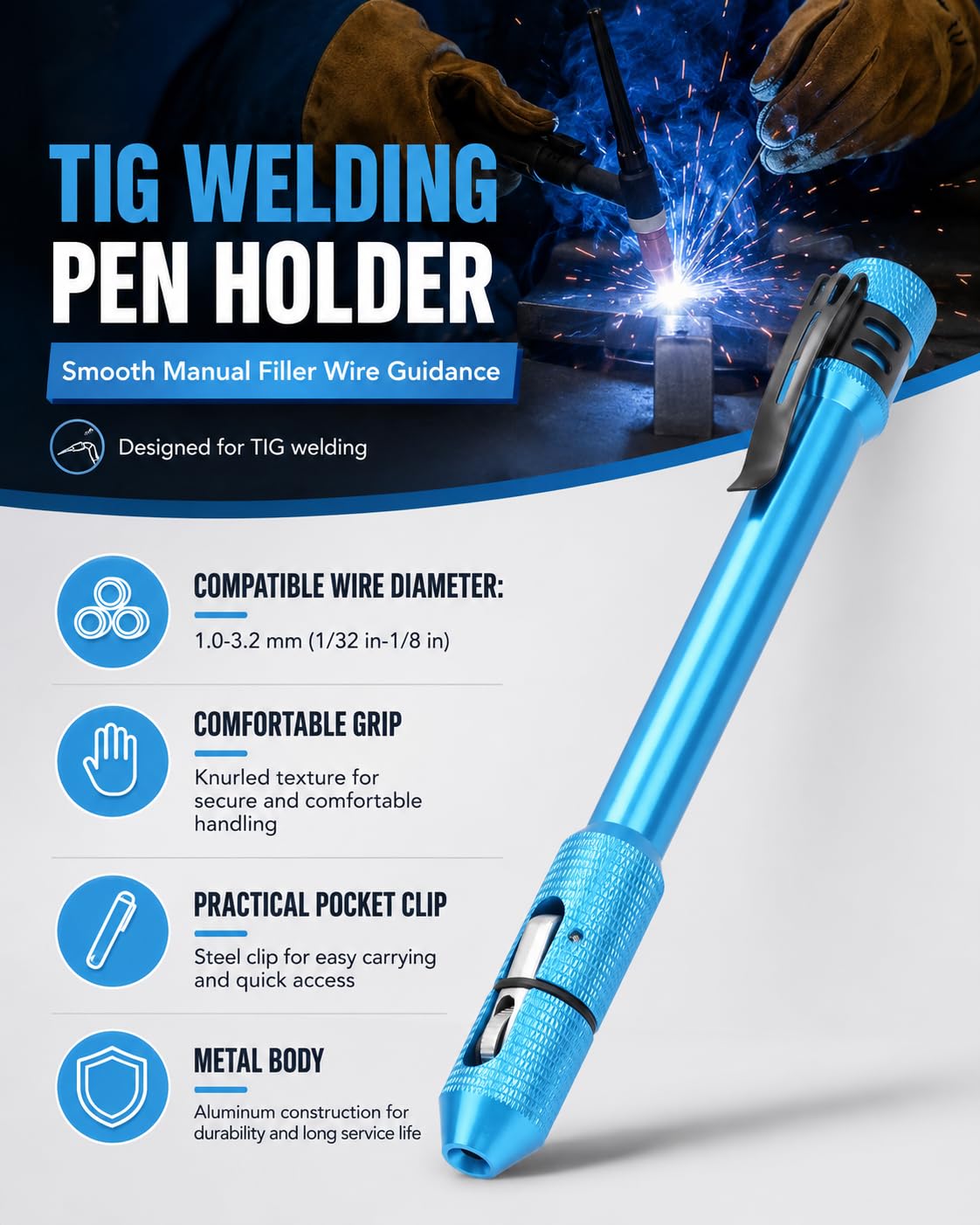 Stylo de Soudage TIG, Stylos d'alimentation de Fil, Chargeur de Fils de Tige de Doigt, Support de de Soudage pour Fil de Soudure 1,0-3,2 mm, avec Clip de Poche