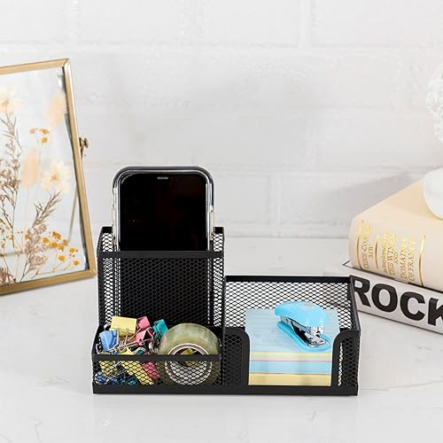 Miniatura 6 de Soporte para bolígrafo de malla negra, organizador de escritorio de malla multiusos, suministros de oficina de gran capacidad con soporte para notas